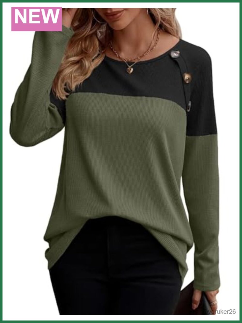 Women's Waffle Knit Long Sleeve Tunic Top Button Detail Tee